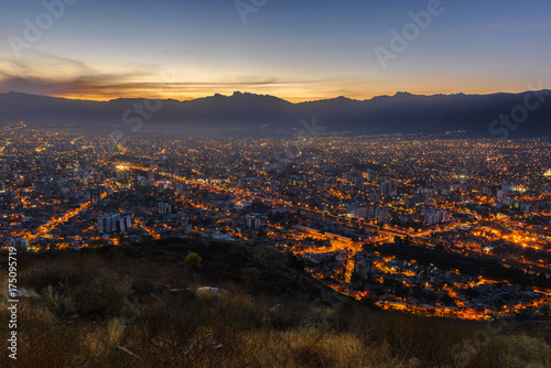 Fototapeta Naklejka Na Ścianę i Meble -  Cochabamba City seen from San Pedro Hill at night, Bolivia