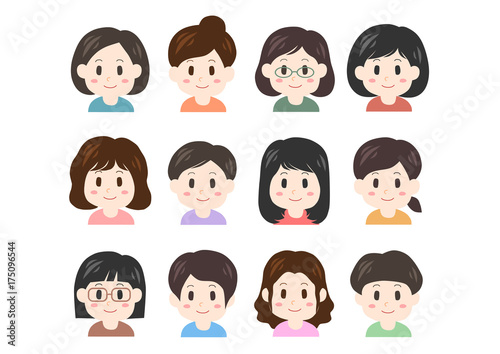 女性の顔のイラストセット