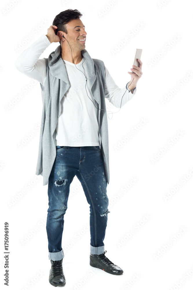 Man does selfie with cellphone. Brazilian male wearing neutral clothes, 30s.. Man does selfie with cellphone. Brazilian male wearing neutral clothes, 30s..