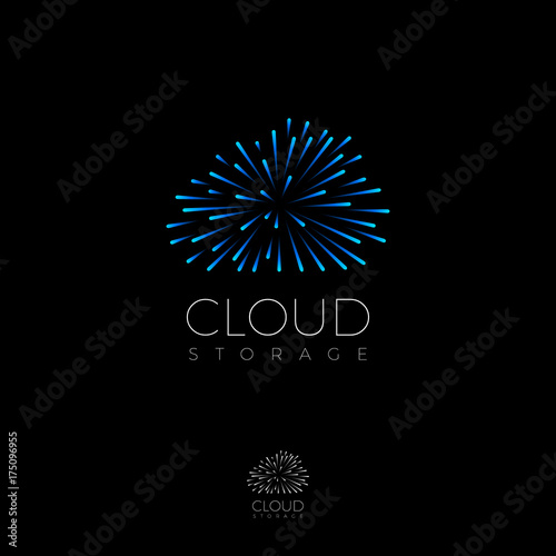 Cloud service logo. Information storage icon. Blue meteors fly from the center. Internet, communication, network icon.
