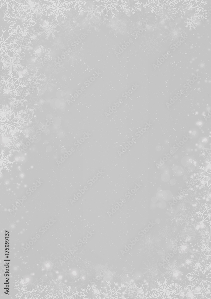 Winter Christmas silver grey paper background with snowflake border