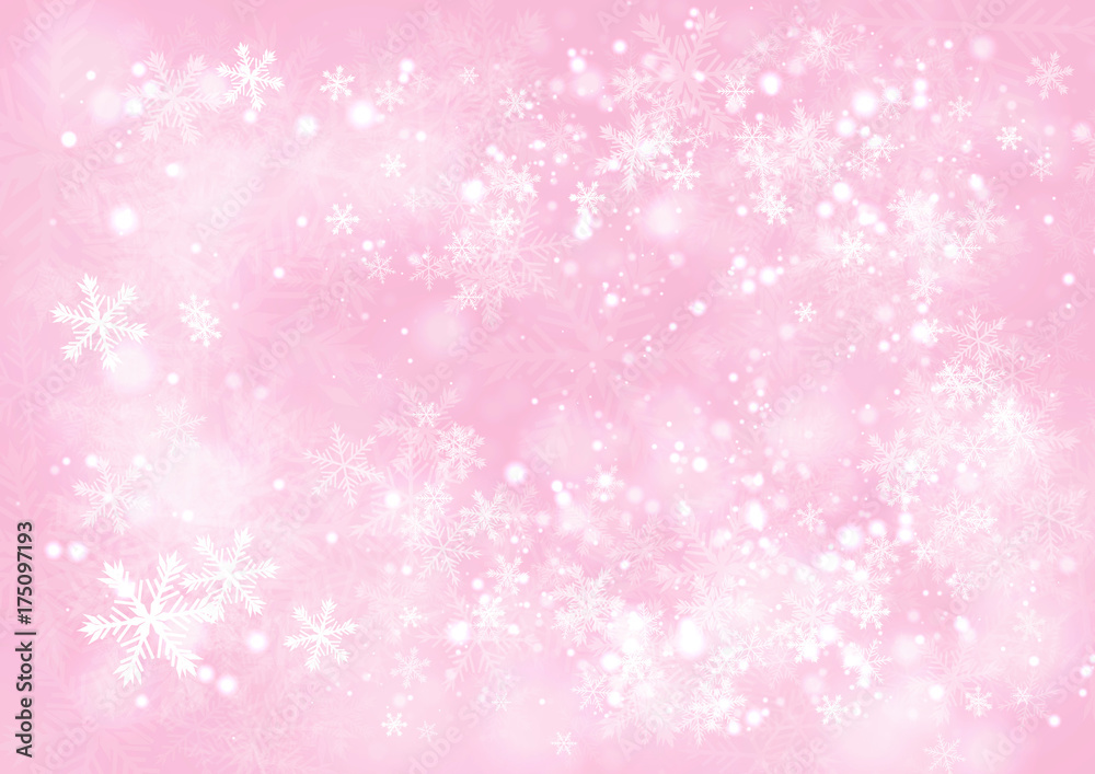 Pink gradient winter paper background with the snow and snowflake border