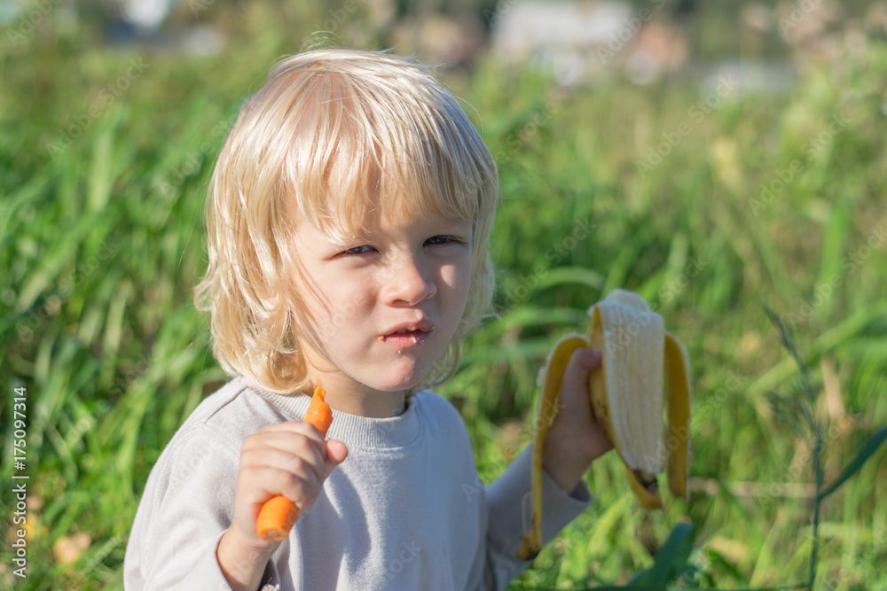 Blond Slavic Baby boy eats carrot and banana sitting on grass during outing at a summertime - healthy feeding