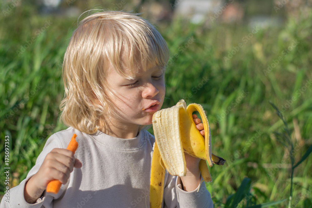 Blond Slavic Baby boy eats carrot and banana sitting on grass during outing at a summertime - healthy feeding