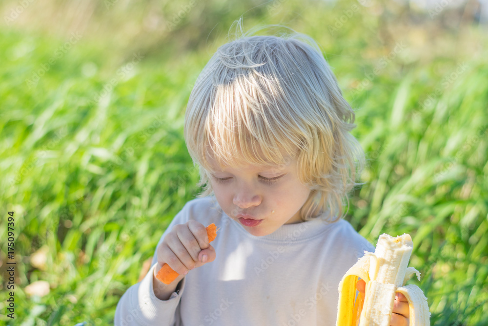 Blond Slavic Baby boy eats carrot and banana sitting on grass during outing at a summertime - healthy feeding