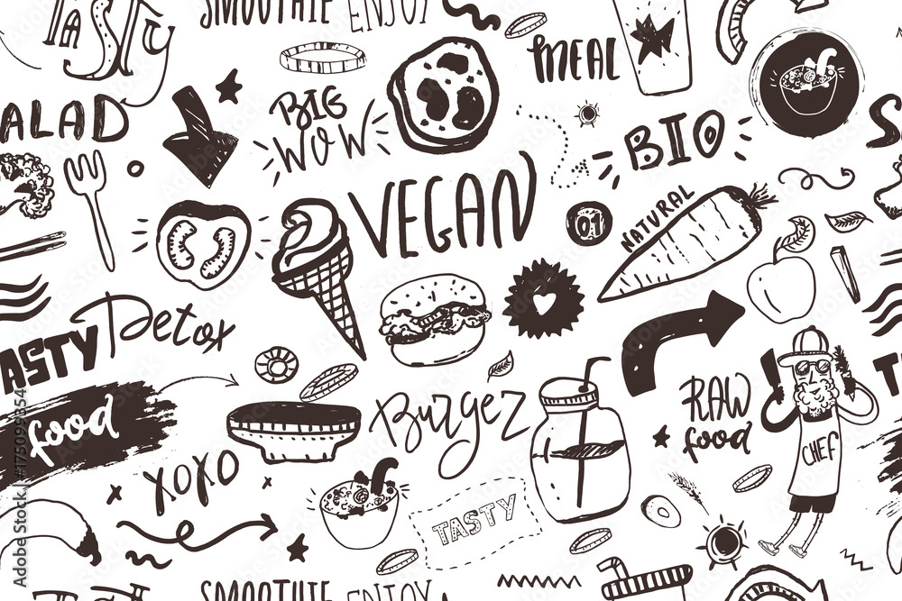 Seamless modern vegan pattern with healty food. Sketch hand drawn items. Hipster style.