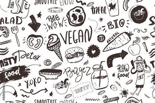 Seamless modern vegan pattern with healty food. Sketch hand drawn items. Hipster style.