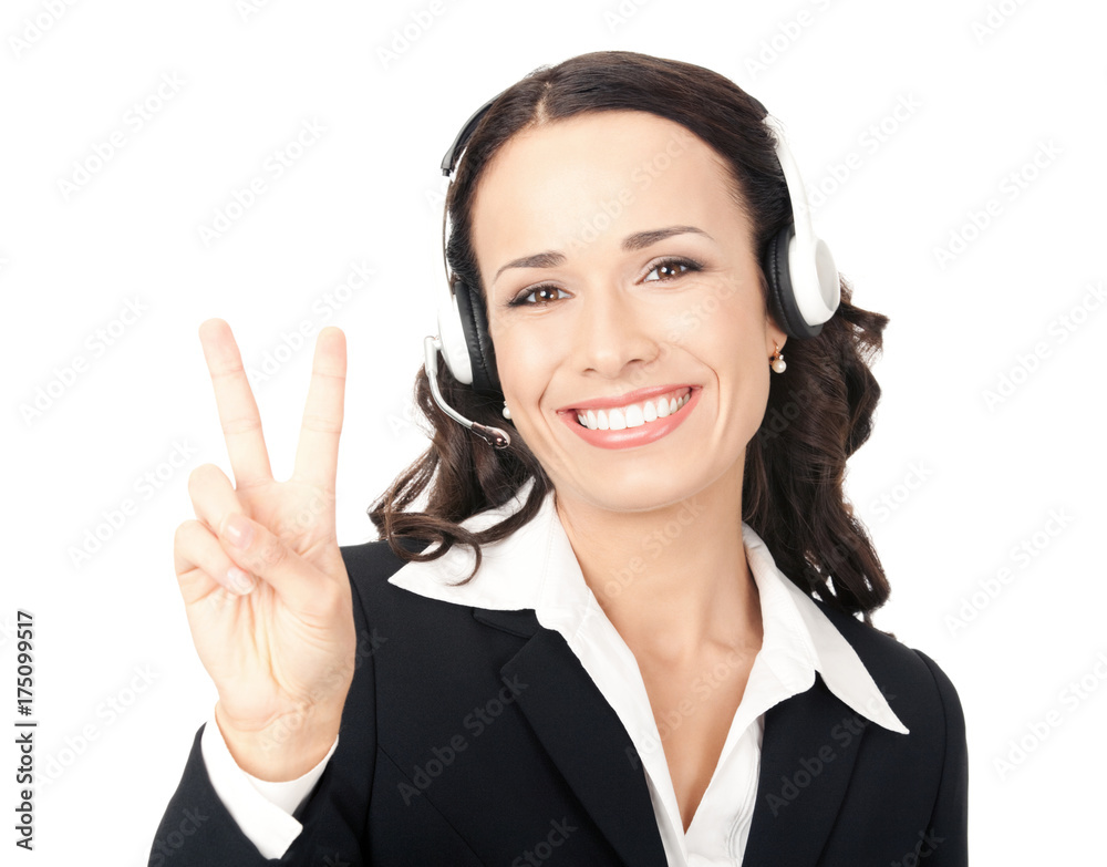 Support operator showing two fingers, on white Support operator showing two fingers, on white