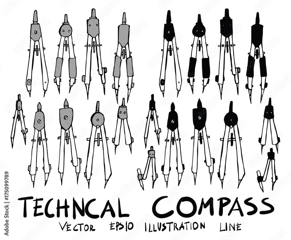 Hand drawn technical compass isolated. Vector sketch black and white background illustration icon doodle eps10 Hand drawn technical compass isolated. Vector sketch black and white background illustration icon doodle eps10