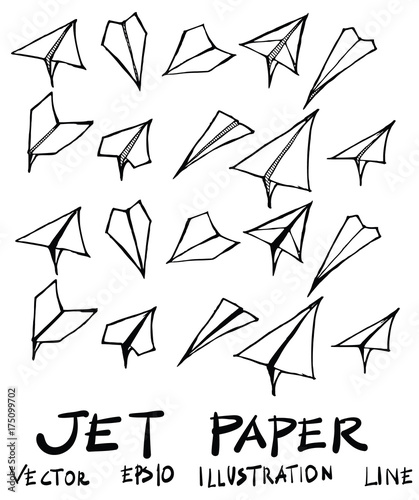 Fototapeta Naklejka Na Ścianę i Meble -  Hand drawn airplane paper isolated. Vector sketch black and white background illustration icon doodle eps10