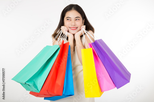 Asian Beautiful woman shopping. Women with colored shopping bag. Success shopping.