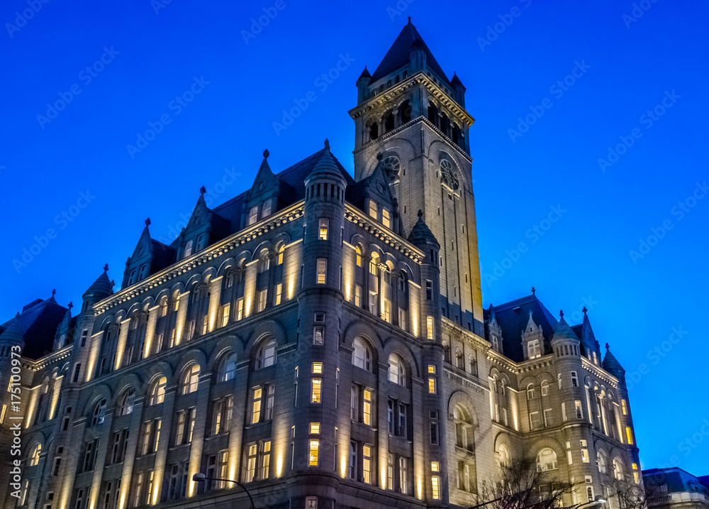 Washington DC National Old Post Office Tower during blue hour at night