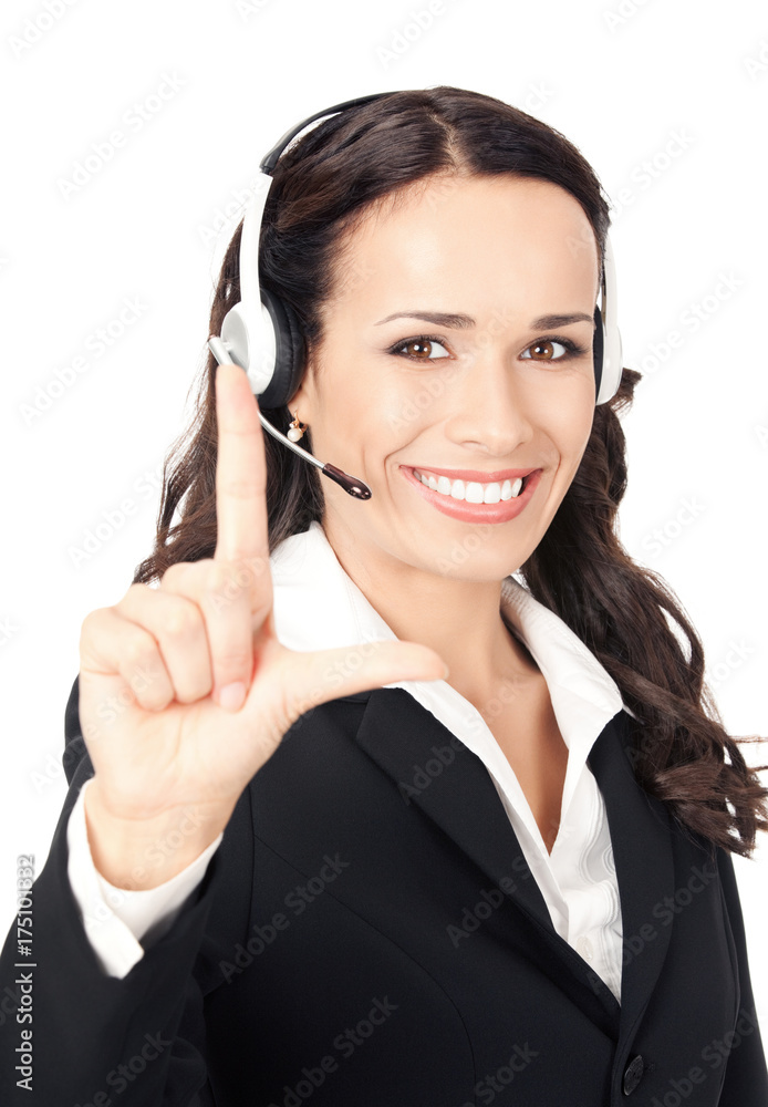 Support operator showing two fingers, on white Support operator showing two fingers, on white