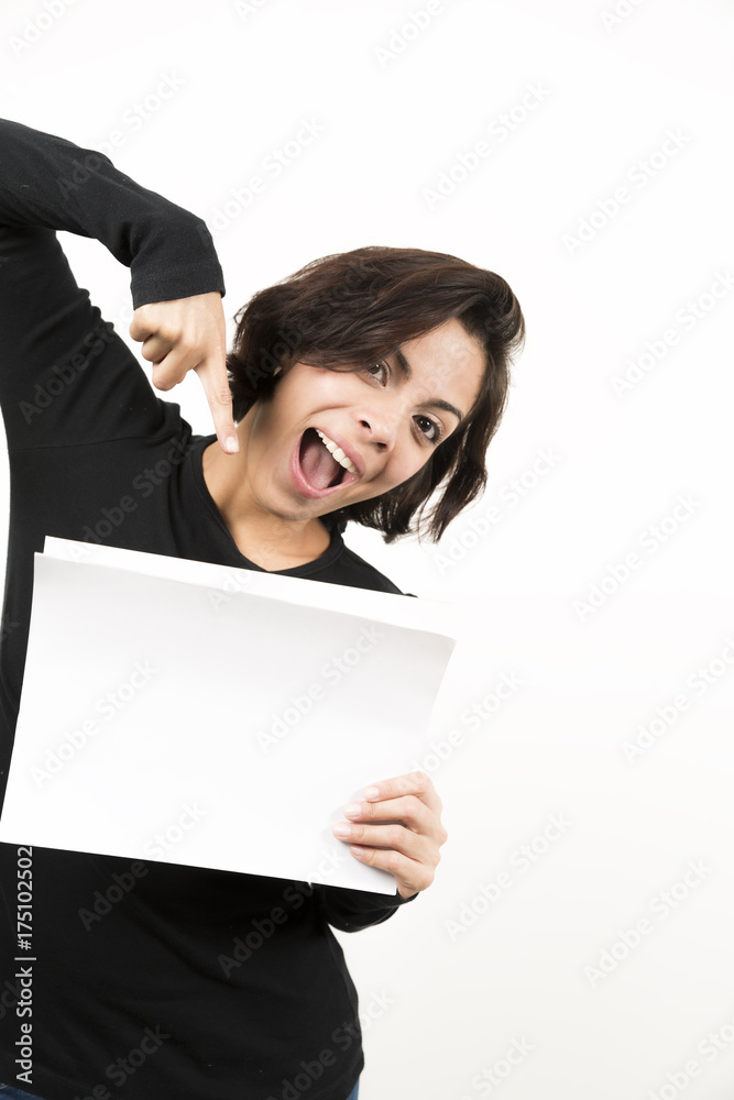 Beautiful young woman holding a blank sheet of paper Beautiful young woman holding a blank sheet of paper