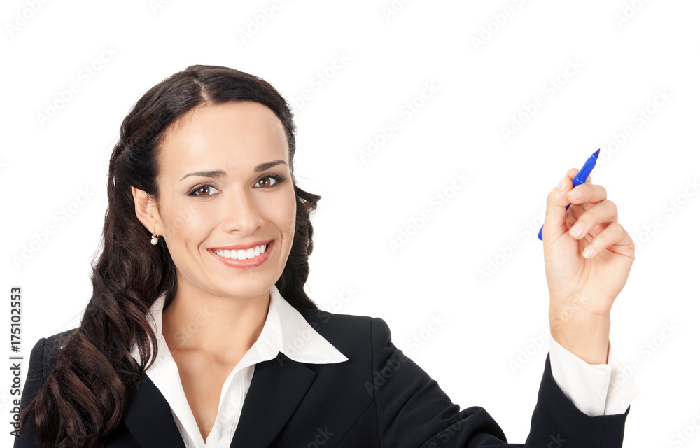 Businesswoman writing or drawing, isolated