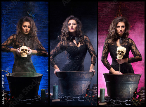 Young, sexy and beautiful witch making witchcraft in dungeon. Set collection. Halloween concept.