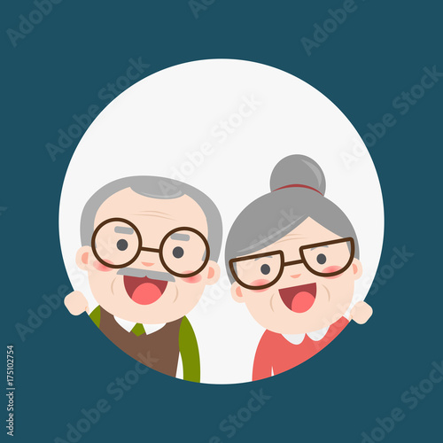 Retired elderly senior age couple in creative flat vector character design | Grandpa and grandma standing full length smiling