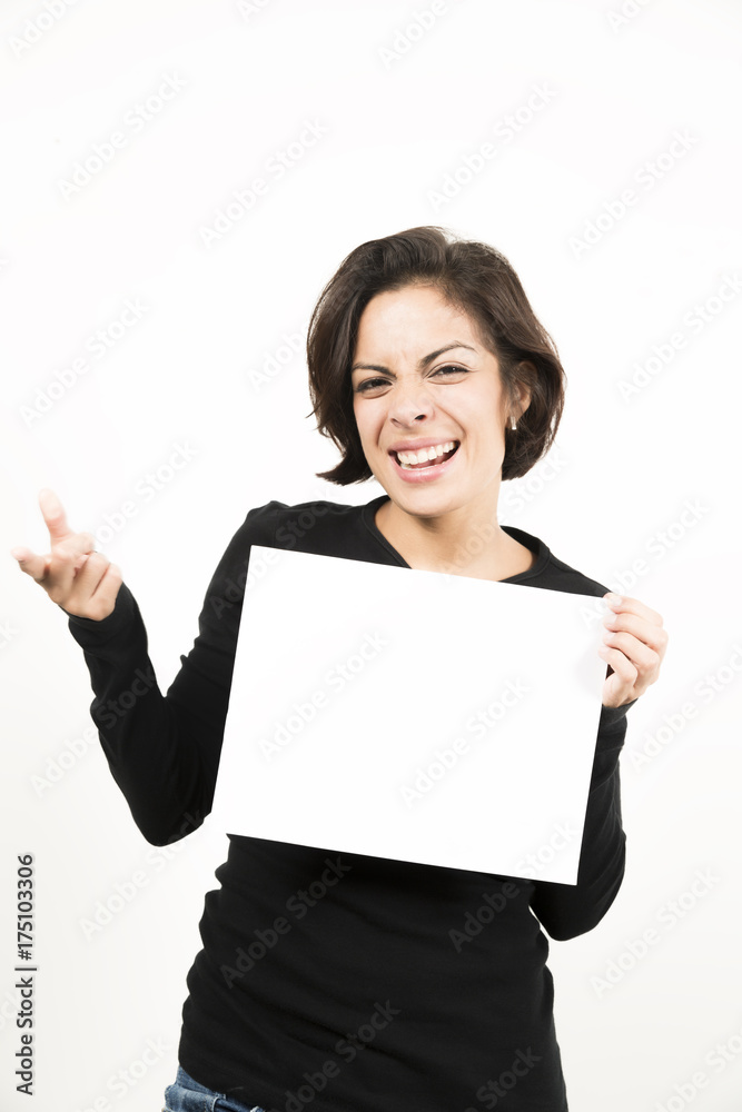 Beautiful young woman holding a blank sheet of paper Beautiful young woman holding a blank sheet of paper