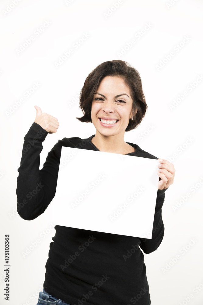 Beautiful young woman holding a blank sheet of paper Beautiful young woman holding a blank sheet of paper