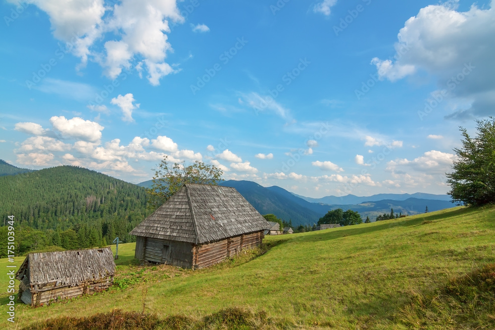 A deserted old wooden house in the forests of the Carpathians.