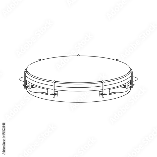 Isolated black outline tambourine, pandeiro on white background. Line brazilian musical instrument for bateria of capoeira. Side view.