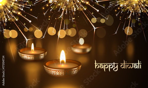 Happy Diwali Indian Deepavali Hindu festival of lights holiday greeting card template. Vector gold candle light flame in golden blur premium background and traditional Diwali text lettering ornament