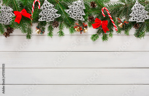 Christmas decoration, ornaments and garland frame background