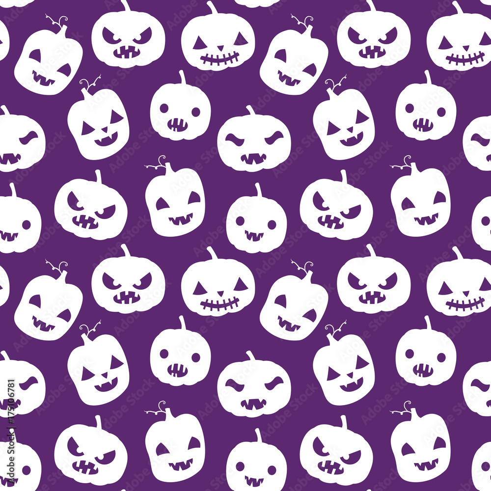 Vector seamless pattern with Halloween pumpkin silhouettes in white color with carved faces on purple background for scrapbook, invitations and textile