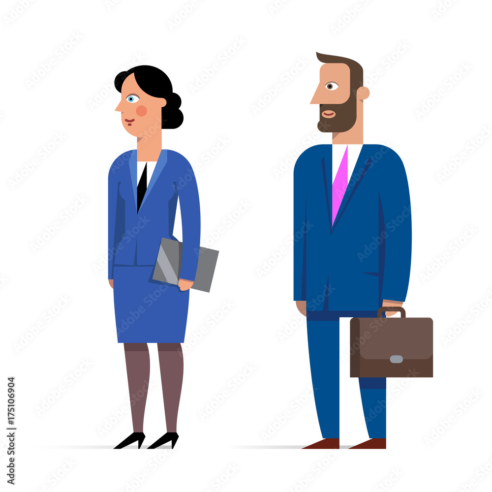 Set of businessman character flat illustrations. Man with briefcase and woman with folder.