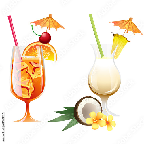 Set of Vector Illustration Icons beach tropical cocktails bahama mama and pona colada with garnish