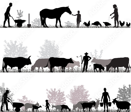 Silhouettes of farmers at work and farm animals