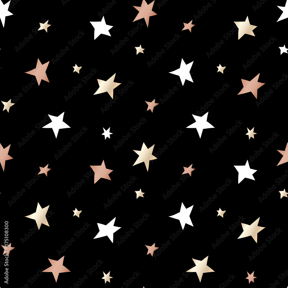 Black festive packaging paper with Christmas stars made of gold and bronze foil. Seamless vector pattern. Black festive packaging paper with Christmas stars made of gold and bronze foil. Seamless vector pattern.