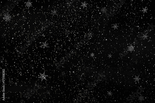 Falling Christmas snow on a black background. Snowflakes, snowfall. Vector illustration.