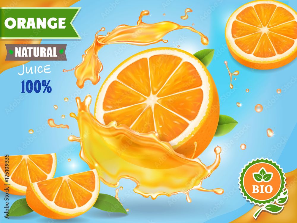 Orange juice ad. Realistic fruits in juicy splash package design Stock ...