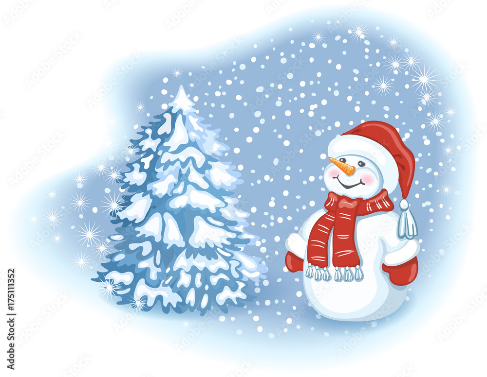 Christmas card with funny Snowman in Santa cap against snowfall background and christmas tree. Element for the New Year design.