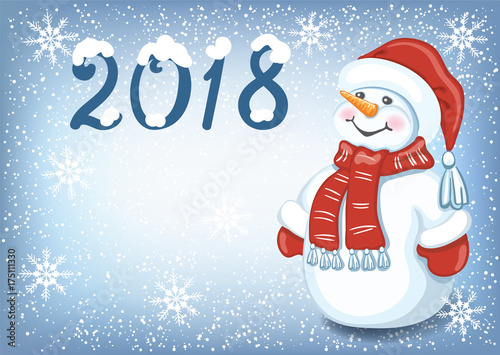 Christmas card with funny Snowman against snowfall background and  inscription "2018"