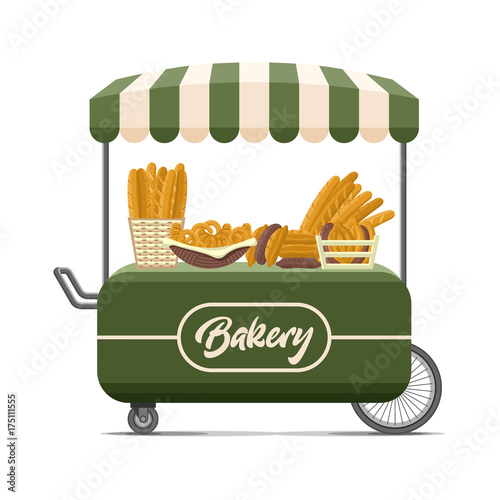 Bakery street food cart with fresh bread, loaf, baguette, pretzel, croissant. Colorful vector illustration, cute style, isolated on white background