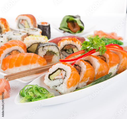 Japanese sushi set on white background.