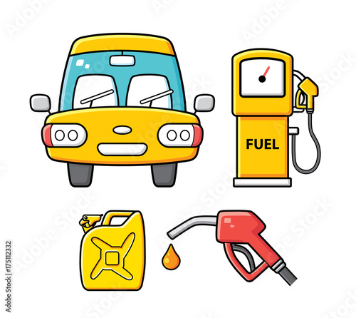 Car front view, fuel pump nozzle and jerrycan isolated. Gas filling station set. 