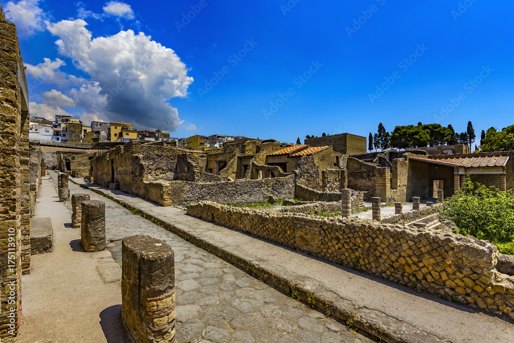 Italy. Ruins of Herculaneum (UNESCO World Heritage Site) - Cardo III Inferiore (lower Cardo street) and remains of ancient houses (Insula III)