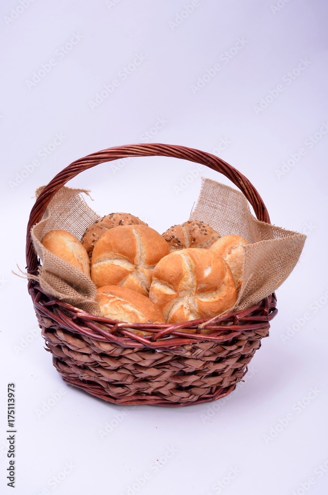 bread, croissant, croissant, board, green, hay, sesame, breakfast, lunch, dinner, basket, sack, white background