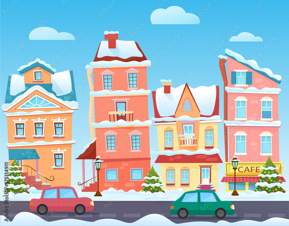 Vector Sunny cute cartoon City street at Winter. Cartoon buildings. Christmas background with urban houses and shops. Christmas town illustration.