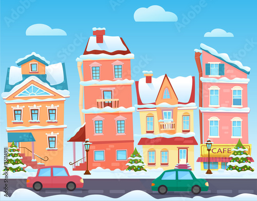 Vector Sunny cute cartoon City street at Winter. Cartoon buildings. Christmas background with urban houses and shops. Christmas town illustration. © lembergvector