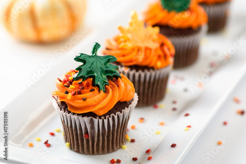 Autumn delicious cupcakes decorated with orange frosting, colorful sprinkles and maple leaves
