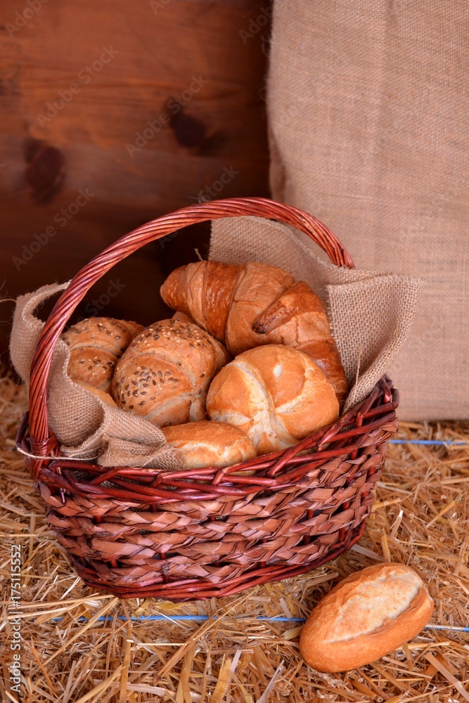 bread, croissant, croissant, board, green, hay, sesame, breakfast, lunch, dinner, basket, bag, background