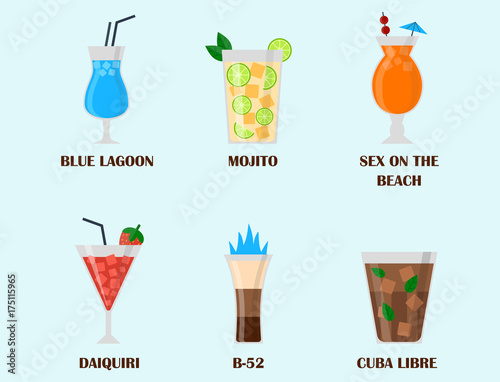 Alcohol drinks beverages cocktail lager container drunk different glasses vector illustration.