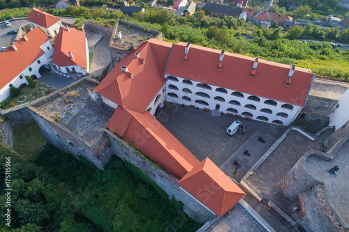 Aerial view of old Palanok Castle or Mukachevo Castle, Ukraine, built in 14th century. photo