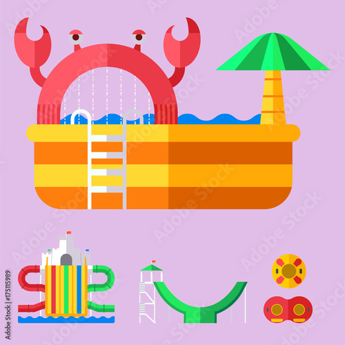 Water aquapark playground with slides and splash pads for family fun vector illustration.