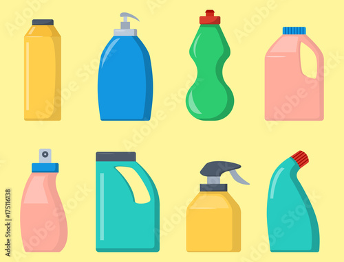 Bottles of household chemicals supplies cleaning housework liquid domestic fluid cleaner pack vector illustration.