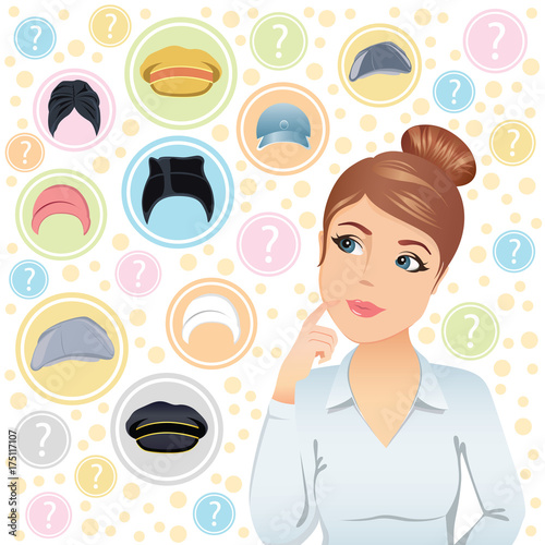 Young woman trying to choose a hat. / Flat design, vector cartoon illustration